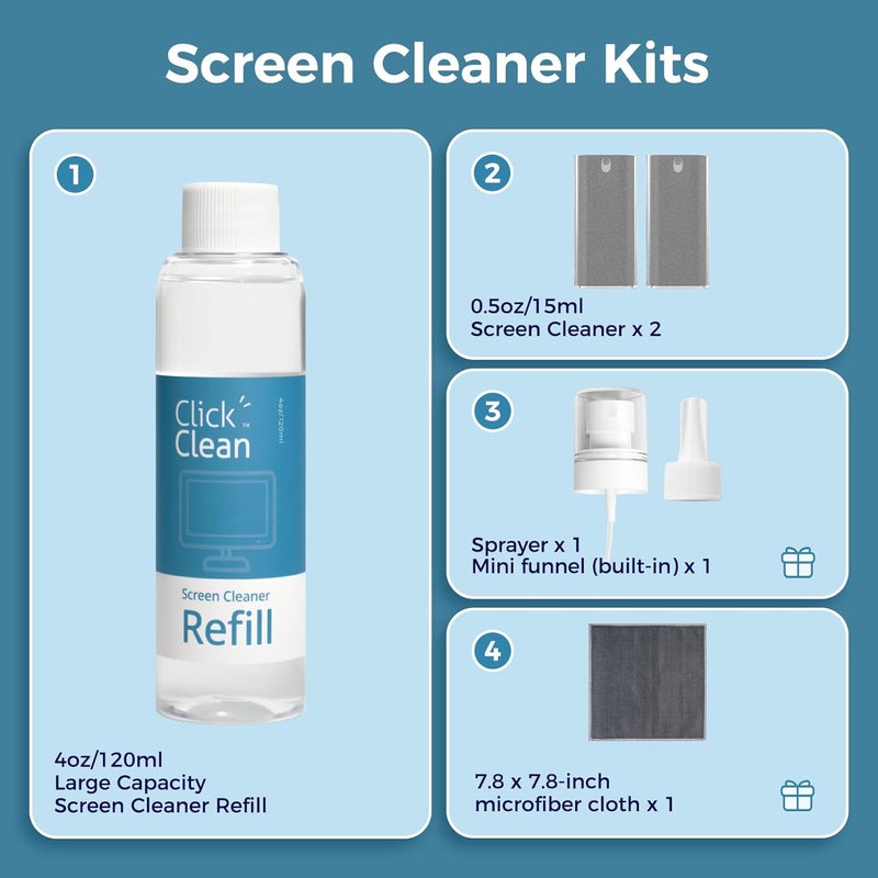 CLICK CLEAN Screen Cleaner Kits - 2 All-in-One Mist Cleaner with 4 oz Refill, 1 Microfiber Cloth(7.8 x 7.8in), 1 Mini Funnel, and 1 Sprayer - for All Phones, Laptop and Tablet Screens - Image 4